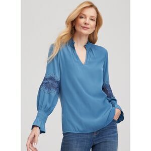 CHICO'S Floral Lace Detail Top, Blue, Sz 1 (8)